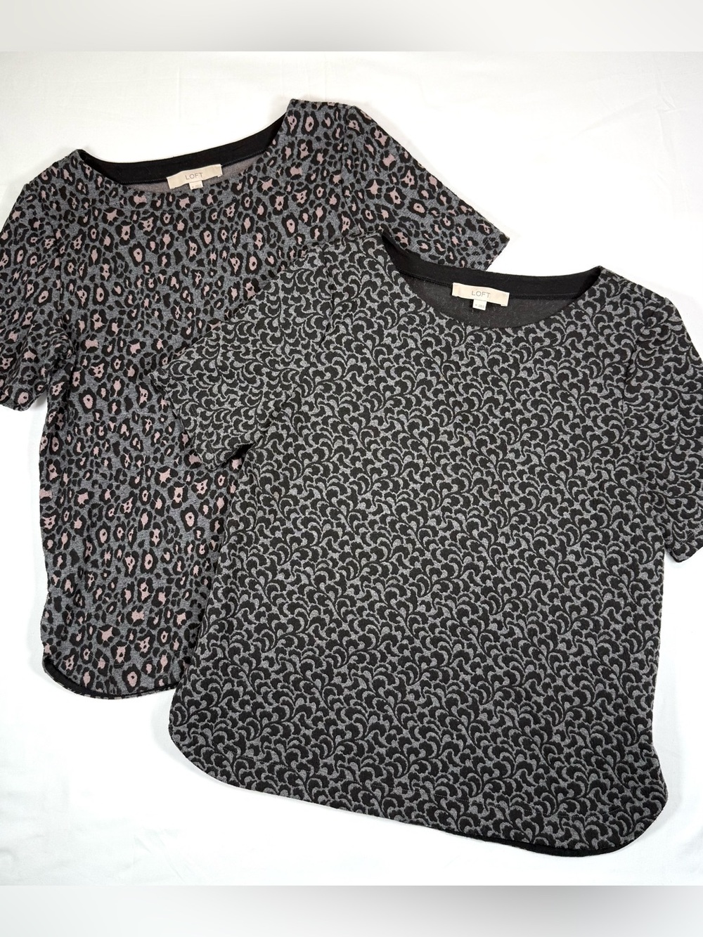 LOFT Womens 2 Printed Knit Tops M Leopard Art Deco Quiet Luxury Chic Fall Office